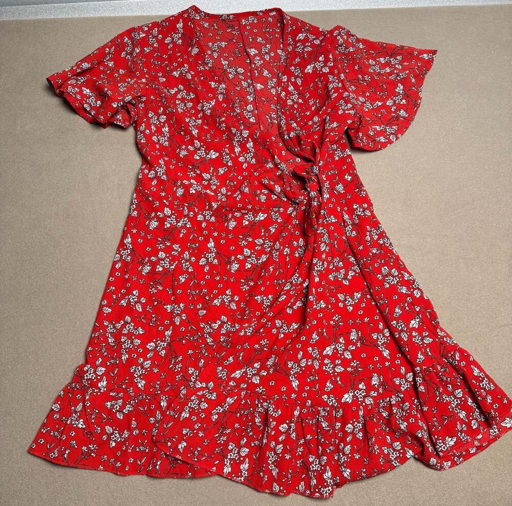 Parisian Red Floral V-Neck Short Sleeve Wrap Mini Dress with Ruffle Hem